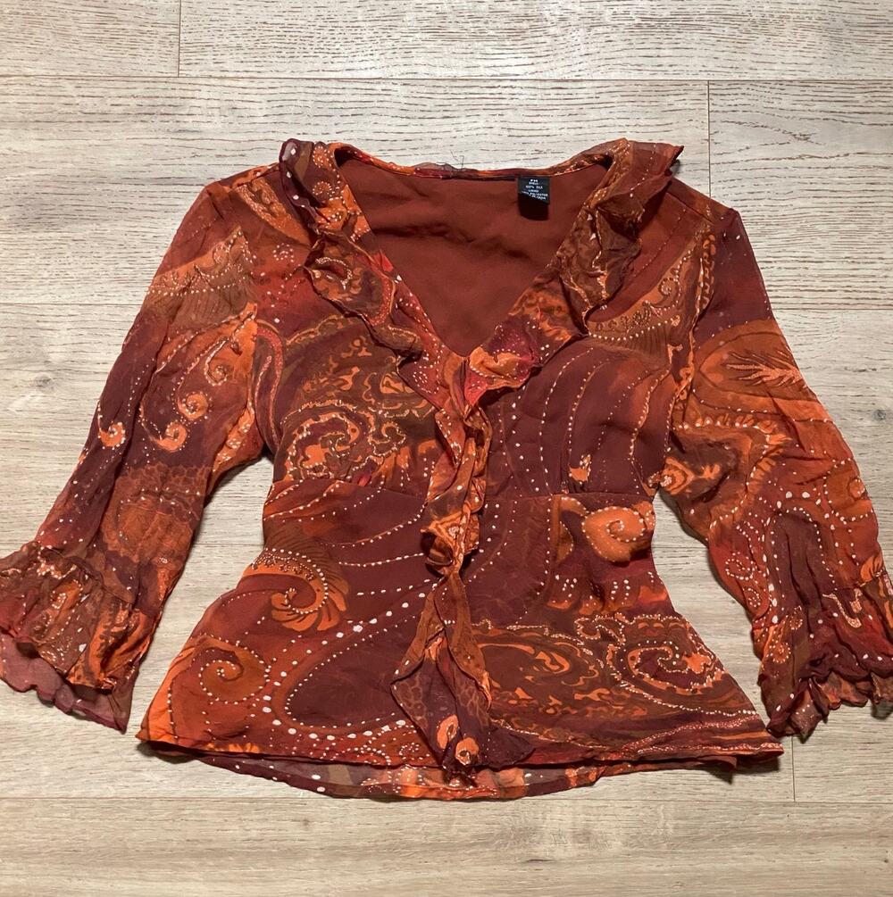 Silk Whimsical Fairy Boho Chic 3/4 Sleeve Ruffle Blouse Old Money Coastal Medium